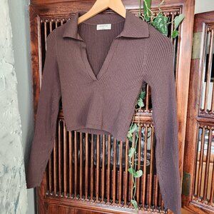 Babaton Aritzia Ribbed Knit polo long sleeve Mocha Brown | Small